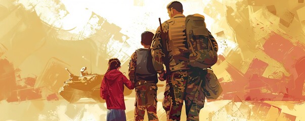 An emotional scene of a soldier saying goodbye to their family before deployment, capturing the personal sacrifices of war