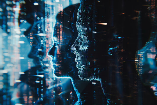 Silhouettes of human faces in cyberspace. Deepfake technology concept. Online identity verification. Digital copy of person on the web