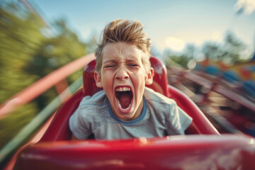 Young boy screaming with excitement on roller coaster ride at amusement park. Child gets an adrenaline rush on exciting ride