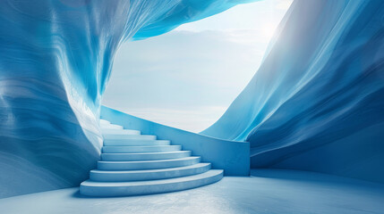 A blue ice cave with a staircase leading up to a blue sky