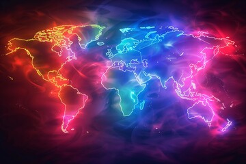 Neon colorful World Map Global Light Abstract Technology background for computer graphic website internet illustration. infographics. motion move neon, pixel, Padlock