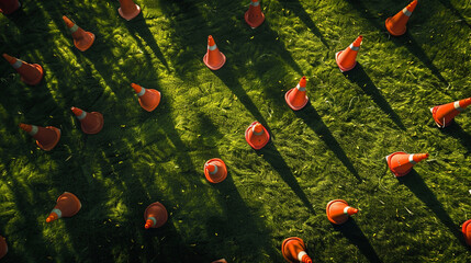 A set of rugby balls and cones arranged on a lush green field, with rugby players gathering for a fierce match of tackles, scrums, and tries in the heart of rugby season.