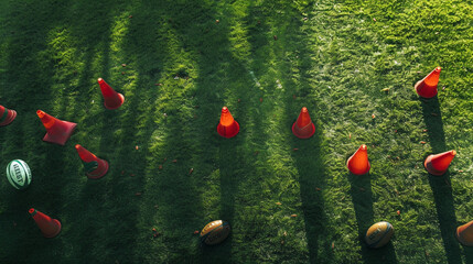 A set of rugby balls and cones arranged on a lush green field, with rugby players gathering for a fierce match of tackles, scrums, and tries in the heart of rugby season.