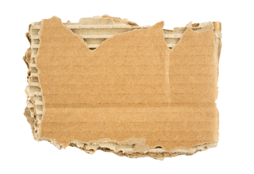 A rectangular piece of torn brown cardboard paper, with realistic torn edges, isolated on a transparent background. This grunge-textured graphic element adds a touch of authenticity to designs