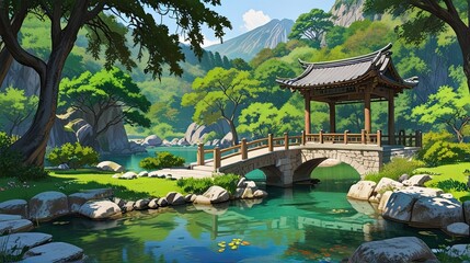 Fototapeta premium A traditional Japanese garden in a park features a red-lacquered pavilion reflecting on a still pond