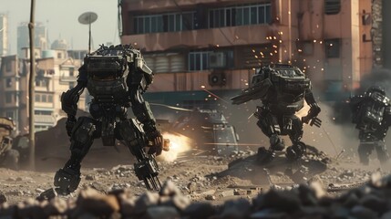 Soldiers in advanced exoskeletons battling amidst urban ruins, highlighting the potential of human augmentation in future conflicts