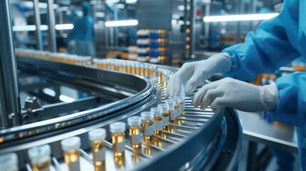 Naklejka premium pharmacist scientist working on a conveyor belt