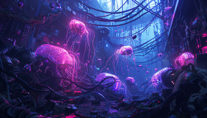 neon-lit sea creatures swimming among tangled wires and discarded tech, capturing the fusion of underwater worlds and cyberpunk aesthetics from a surprising perspective