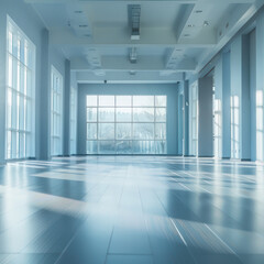 large and light hall with mirrors, music, equipment for dancing, sports. Group fitness room. Modern interior design. Fitness workout. Fitness gym background. Gym equipment background. Empty space.
