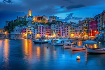 Colorful Harbor View at Twilight with Moored Boats and Vibrant Buildings

