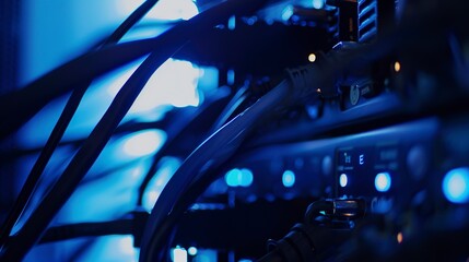 Close-up of a network firewall hardware in a server room, sharp focus on status lights and cables, dim blue lighting 
