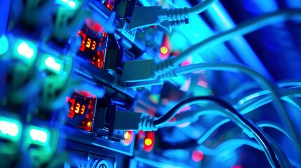 Close-up of a network firewall hardware in a server room, sharp focus on status lights and cables, dim blue lighting 