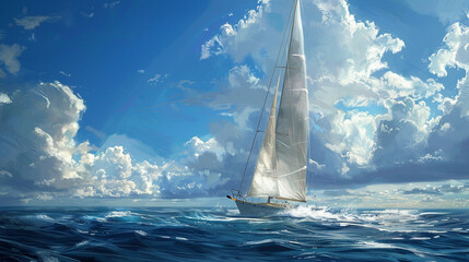 A sleek sailboat gliding gracefully across the open ocean, with billowing sails catching the wind and the horizon stretching out to infinity, offering a sense of freedom and exploration on the vast 