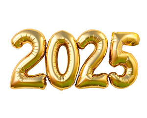Photo with inflatable gold numbers 2025. Minimalistic balloon isolated on a transparent background