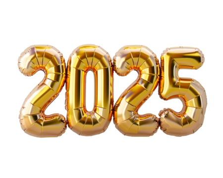 Photo with inflatable gold numbers 2025. Minimalistic balloon isolated on a transparent background