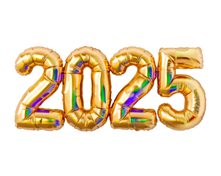 Photo with inflatable gold numbers 2025. Minimalistic balloon isolated on a transparent background