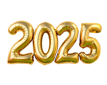 Photo with inflatable gold numbers 2025. Minimalistic balloon isolated on a transparent background