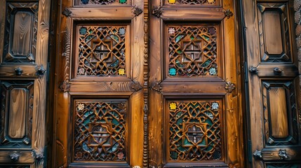 Carved wooden door with an intricate lattice pattern and stained glass inserts