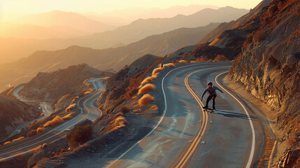A solitary figure racing down a winding mountain road on a longboard skateboard, with the wind in their hair and the exhilarating rush of speed propelling them around each curve and descent.