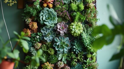 A vertical wall garden featuring an array of succulents and small herbs, mounted on an urban apartment wall, utilizing minimal space efficiently.