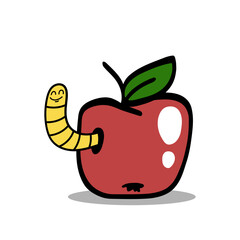 Cute yellow worm peeking out of red apple. Vector cartoon illustration isolated on white.