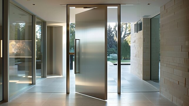 Contemporary pivot door with a stainless steel frame and frosted or etched glass panel