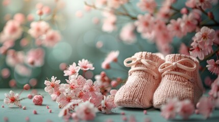 The photo shows a pair of pink baby shoes on a blue wooden surface