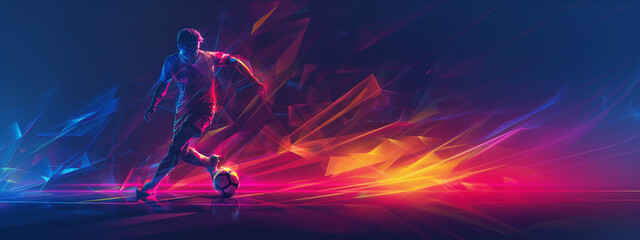 Abstract soccer player running with the soccer ball. Neon geometric soccer design with copy space.