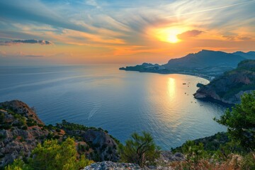 Golden sunset illuminating serene coastal cliffs and bay