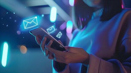 Closeup of a woman holding a mobile phone with futuristic flying icons