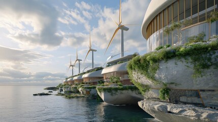 A view of a wind-powered coastal resort with modern, sustainable architecture, situated on cliffs...