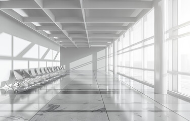 Interior of a minimalist office, deserted hall of an airport terminal 