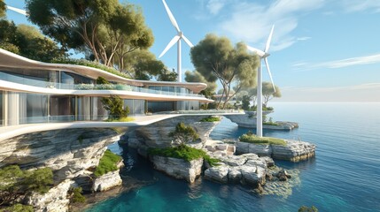 A view of a wind-powered coastal resort with modern, sustainable architecture, situated on cliffs overlooking the sea. - Powered by Adobe