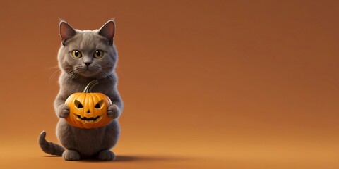cat holding a halloween pumpkin, warm-toned gradient background, copy space for text, minimal