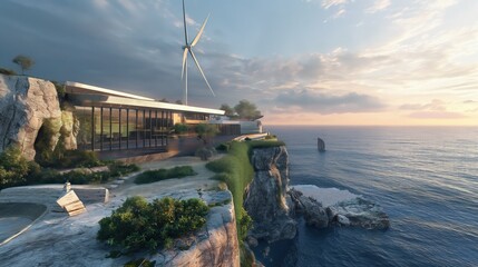 A view of a wind-powered coastal resort with modern, sustainable architecture, situated on cliffs...