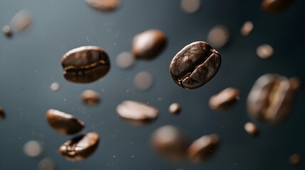 Closeup of coffee beans flying in the air with plain background