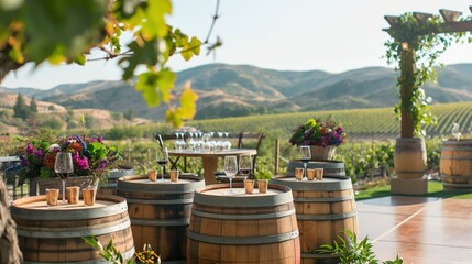 A vineyard wedding reception area with wine barrel tables, grapevine decorations, and panoramic...