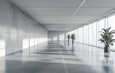 Interior of a minimalist office, deserted hall of an airport terminal 