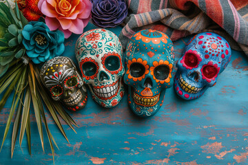 Obraz premium Cinco de Mayo fiesta! Sugar skulls & cacti in colorful flat lay. Celebrate in style