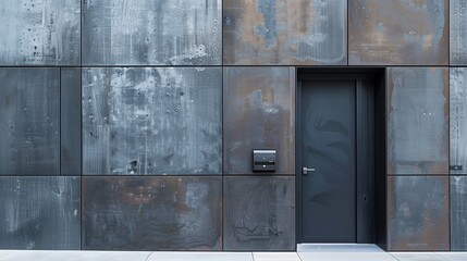 Contemporary steel door with a textured finish and integrated doorbell