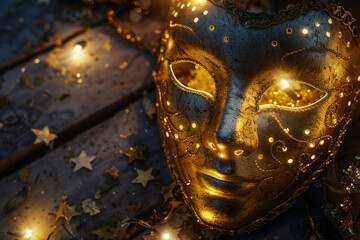 Gold masquerade mask with glitter pieces and lights. Gold carnival mask with a place to text. Festival and entertainment concept. Generative AI.