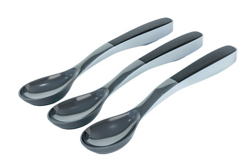 Three spoons with black handles and silver bowls. The spoons are placed next to each other on a white background