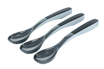 Obraz premium Three spoons with black handles and silver bowls. The spoons are placed next to each other on a white background