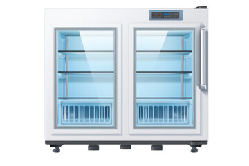 A white refrigerator with blue lights on the inside. The refrigerator is open and has two doors