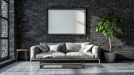 gray brick wall with sofa and table, and tree pot on the side, empty frame for space 