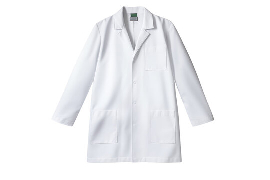 A white lab coat with a green logo on the sleeve. The coat is long and has pockets