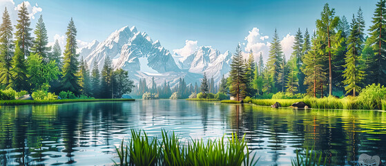 Majestic Lake Reflections, Mountain Peaks Mirroring on Calm Water, Stunning Scenic Panorama