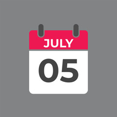 July 5 calendar reminder. 5 July daily calendar icon template. Calendar 5 July icon Design template. Vector illustration
