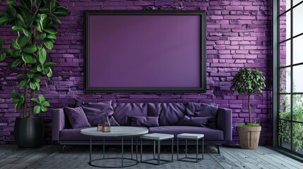 purple brick wall with sofa and table, and tree pot on the side, empty frame for space 