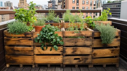 An arrangement of wooden crates converted into planters for growing herbs and small vegetables on an urban rooftop. - Powered by Adobe